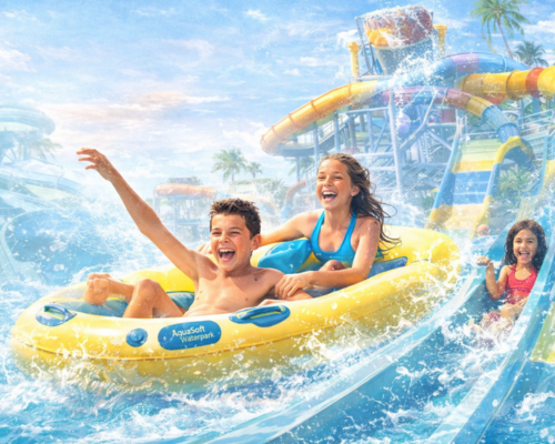 Guests enjoying a modern waterpark